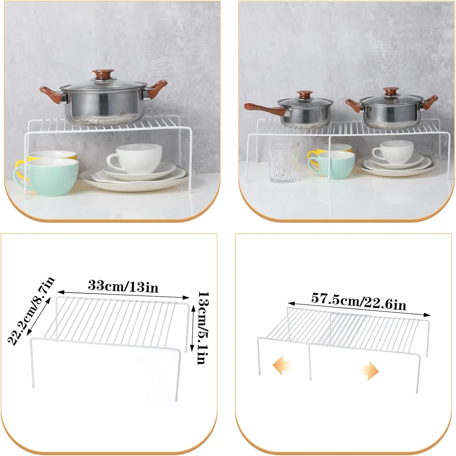 Expandable Kitchen Cabinet Organizer with Scratch-Resistant Feet – Metal Shelf Rack for Counter, Pantry, Freezer