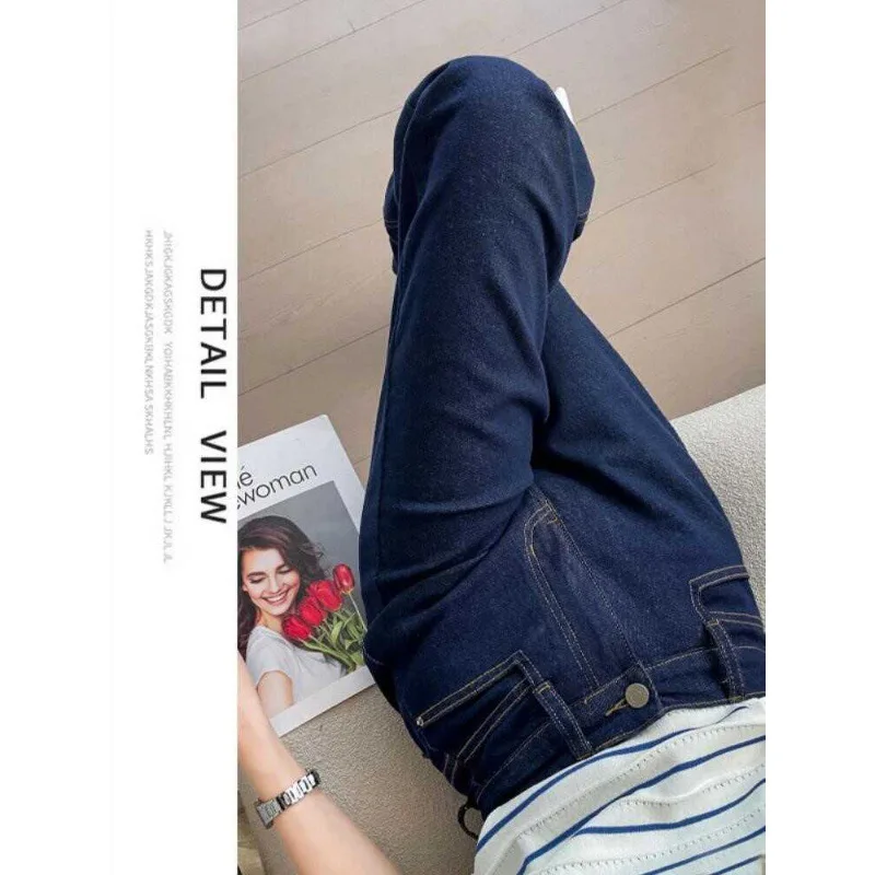 Jeans da donna a gamba larga a vita alta blu scuro Pantaloni in denim di design di marca in pelle di moda Abiti quotidiani casual elasticizzati