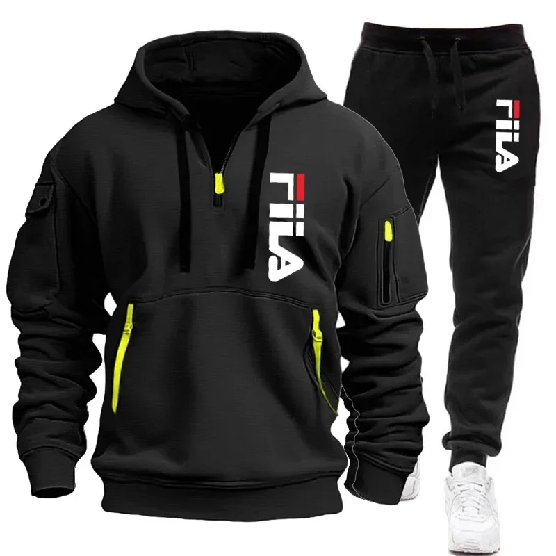 Spring and Autumn street new men's zipper hoodie + pants two-piece set, outdoor multi-pocket men's casual pullover sports suit