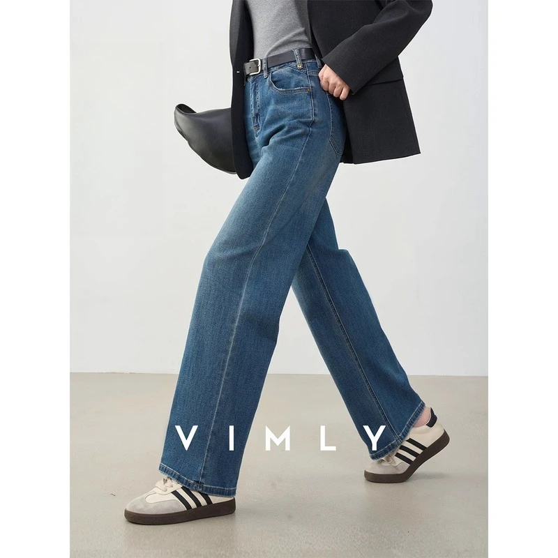 

VIMLY Woman Jeans 2025 Autumn New Vintage Clothes Denim Blue Straight Pants Wide Leg Button Female Jeans Ladies Clothing 30281