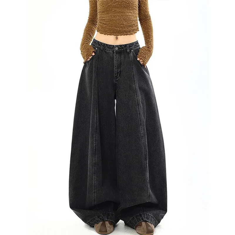 Women Straight Leg Floor Length Jeans Autumn Femme High Waist Casual Denim Pantalons Retro Ladies Loose Wide-leg Cowboy Trousers