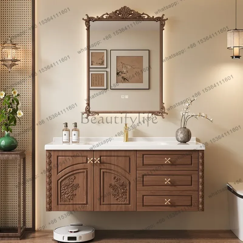 

Medieval style bathroom cabinet combination bathroom ceramic integrated solid wood hand wash basin cabinet