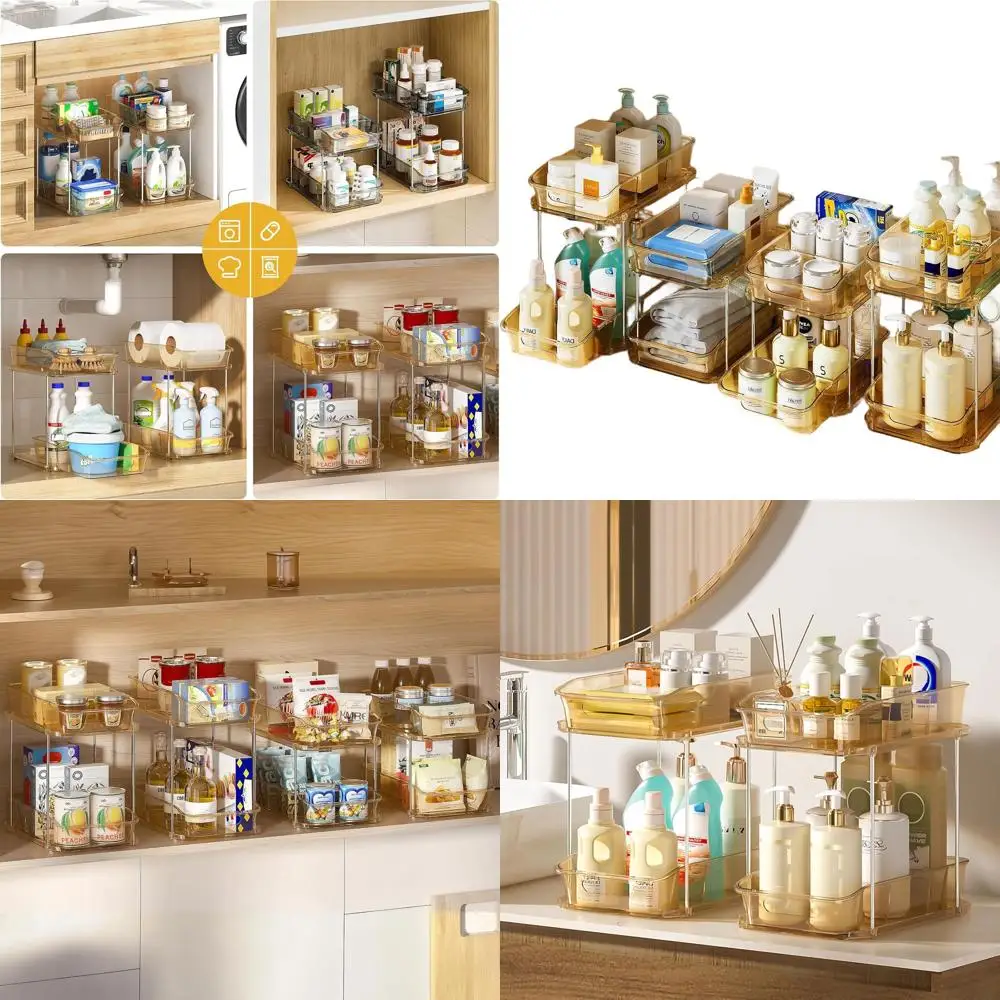 

Двухуровневые штабелируемые шкафы для хранения в ванной, выдвижные органайзеры для кухонной кладовой с разделителями, набор из 4 штук, янтарный цвет