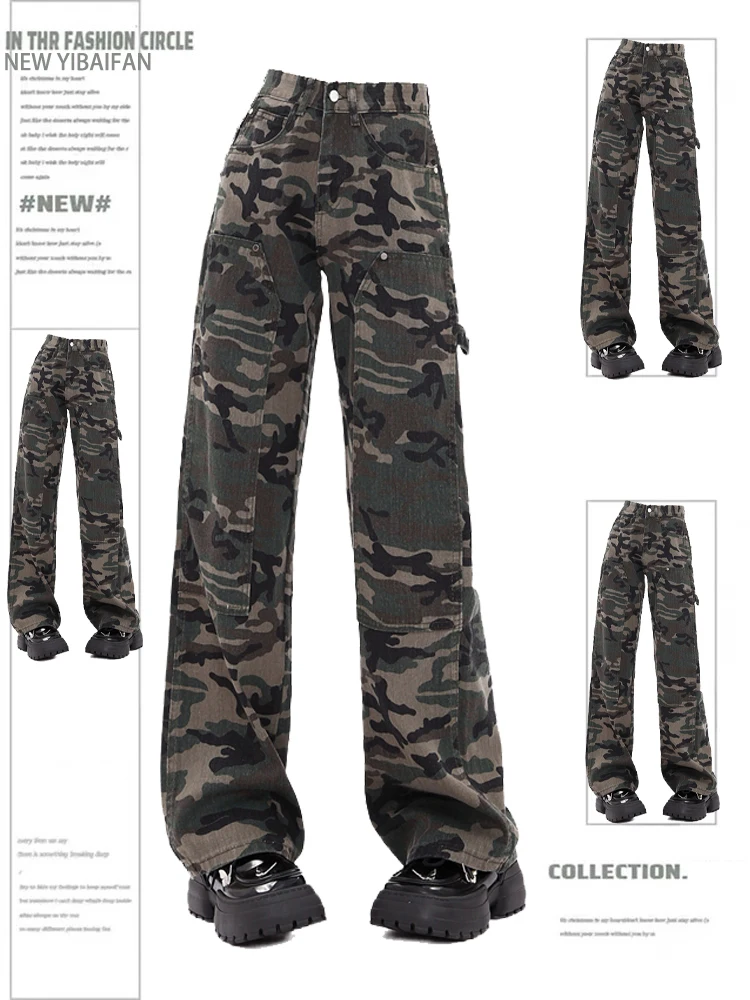 

plus Size Women's American Camouflage Workwear Jeans High Waist Wide Leg Pants for Pear Shaped plus Size Slimming Trousers