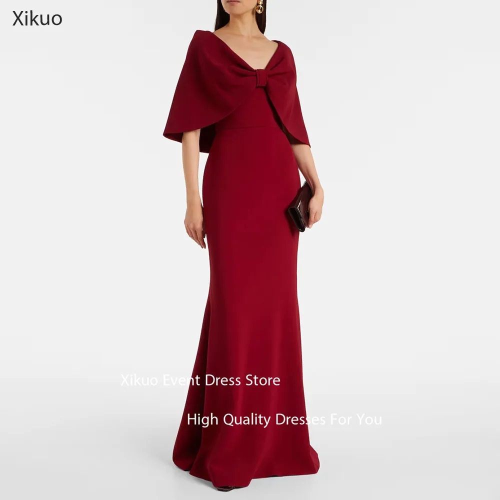 

Xikuo Бордовые вечерние платья с v-образным вырезом и половиной рукавов с бантом Русалка Пром платья длиной до пола, плиссированные Sukienka Wieczorowa по индивидуальному заказу