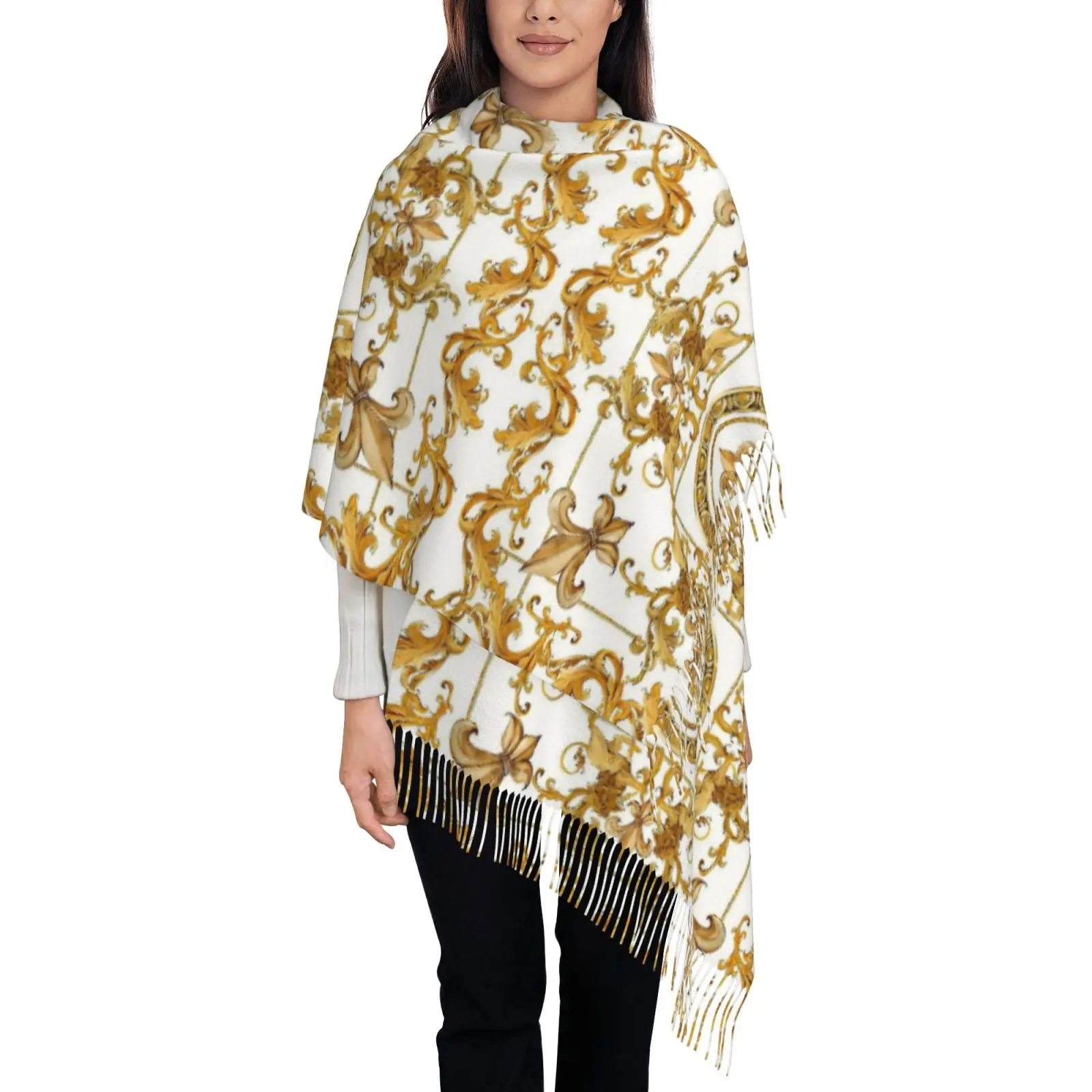Luxury Golden Baroque Ornament Print Tassel Scarf for Women, Soft Thick Winter Warm Shawl Wrap, Elegant Evening Party Outerwear