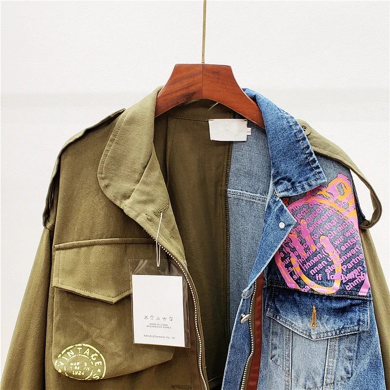 Spring Autumn Women New High Quality Lapel Long Sleeve Loose Vintage Denim Patchwork Hit Color Jacket Casual Jeans Jacket