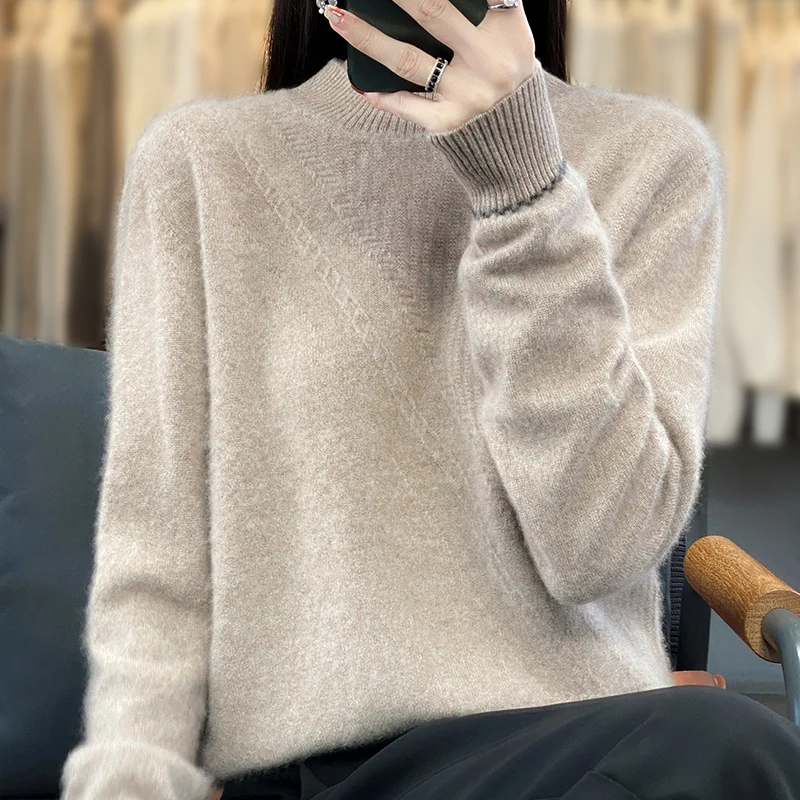 Autumn and winter new 100% merino wool semi-turtle neck women's knitted pullover solid color twill stitching pattern loose top