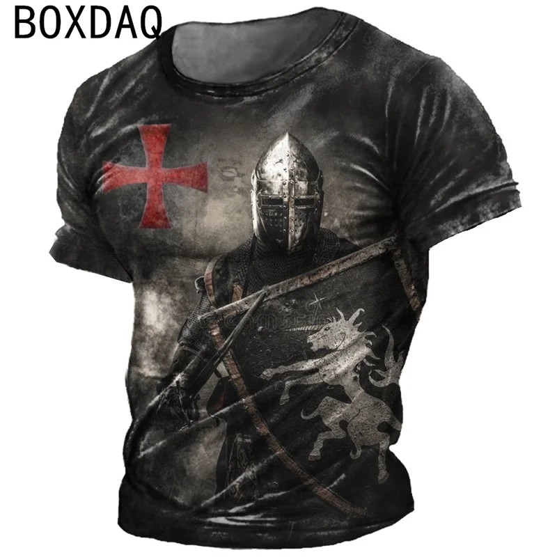 Knights Templar Pattern Tops Fashion Cool Street Personality T-Shirts Summer Short Sleeve O-Neck Loose Tops Big Size Casual Tee