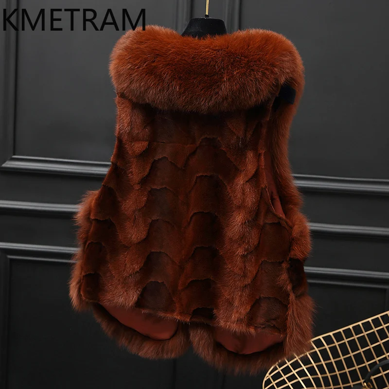 فرو الثعلب الطبيعي + فرو المنك سترة المرأة الفاخرة فروي بلا أكمام سترة الفراء الحقيقي امرأة ملابس الشتاء الجديدة في ملابس خارجية 2025 شوهبا