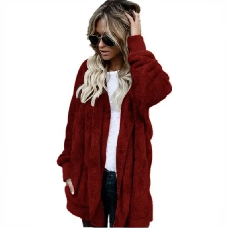 Winter Double Fleece Cardigan Jacket Autumn Women Solid Color Long Sleeve Plush Warm Hooded Lady Jacket Oversized Outerwear Coat