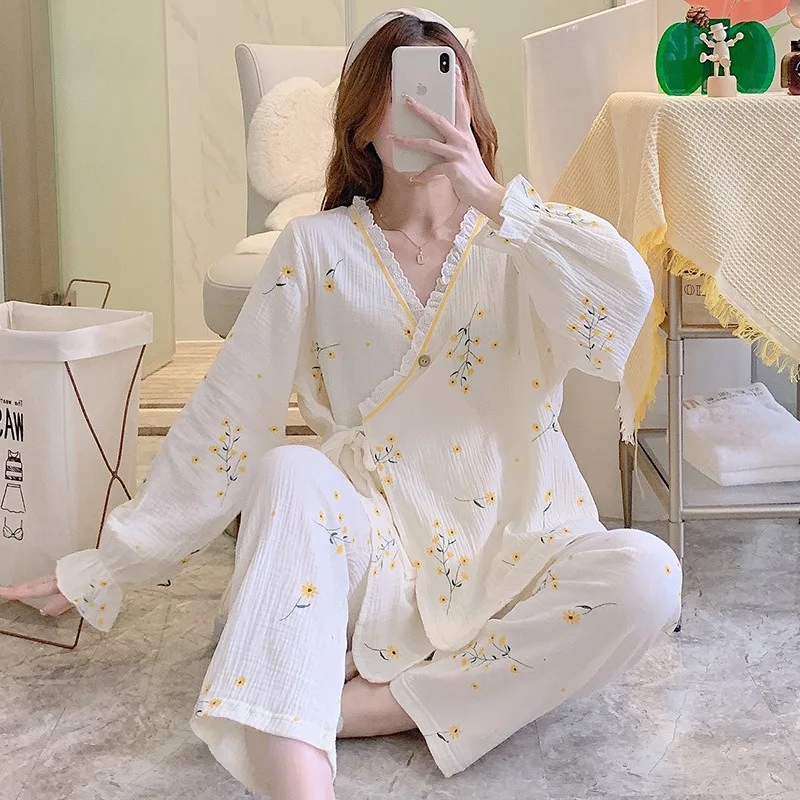 Cotton Gauze Monthly Clothing Spring and Autumn Book Kimono Nursing Pajamas Summer Pregnant Women Postpartum Nursing Waiting