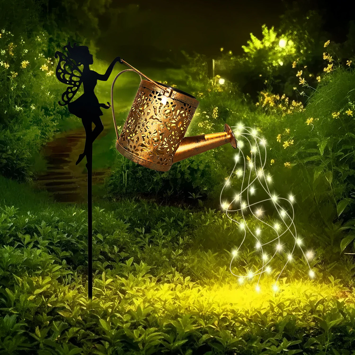 1PC Enchanted Solar Fairy Lamp Outdoor Whimsical Iron Kettle Design with Auto Dusk-to-Dawn Sensor IP65 Garden Light for Pathway