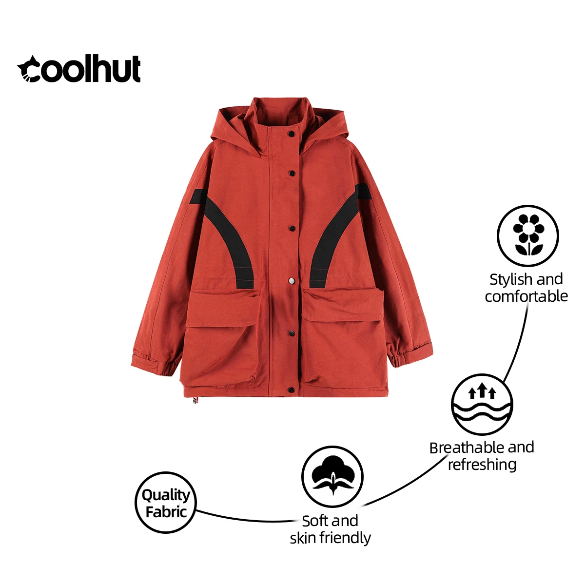 

COOLHUT Design 2025 College-style Coat Large Pocket Jacket Military style Women's Outerwear With A Stylish Hooded Loose Workwear