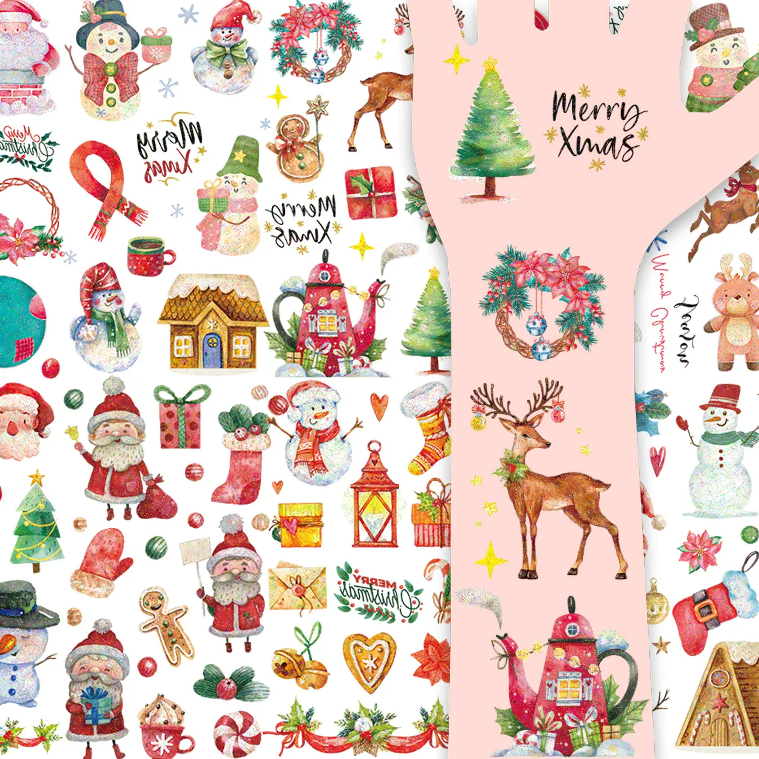 10 Christmas Series Glitter Temporary Tattoo Stickers, 128 Cartoon Santa Claus Christmas Tree Elk Snowman Snowflake Pattern Fake Tattoo Stickers, Sparkling Fun Cartoon Waterproof Art Dress-Up Tattoo Stickers, Suitable as Christmas Gifts