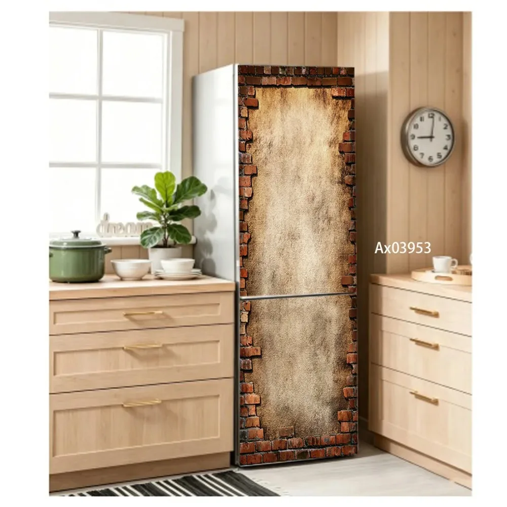 Distressed Red Brick Border Broken Plaster Wall  Self Adhesive Fridge Sticker Full Door Wrap Wallpaper Home Decor Stickers