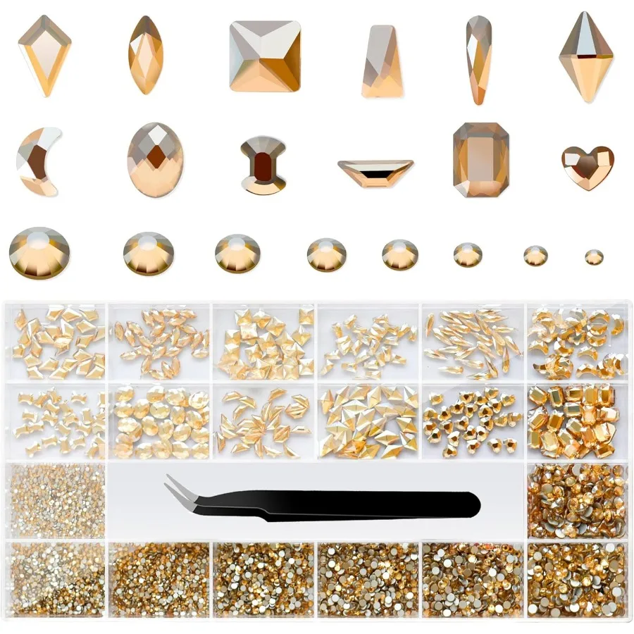 

Champagne Gold Rhinestone Set with Multi Shapes and Mixed Sizes for Nail Art Decoration Includes Flatback Nails Charms Wax Penc
