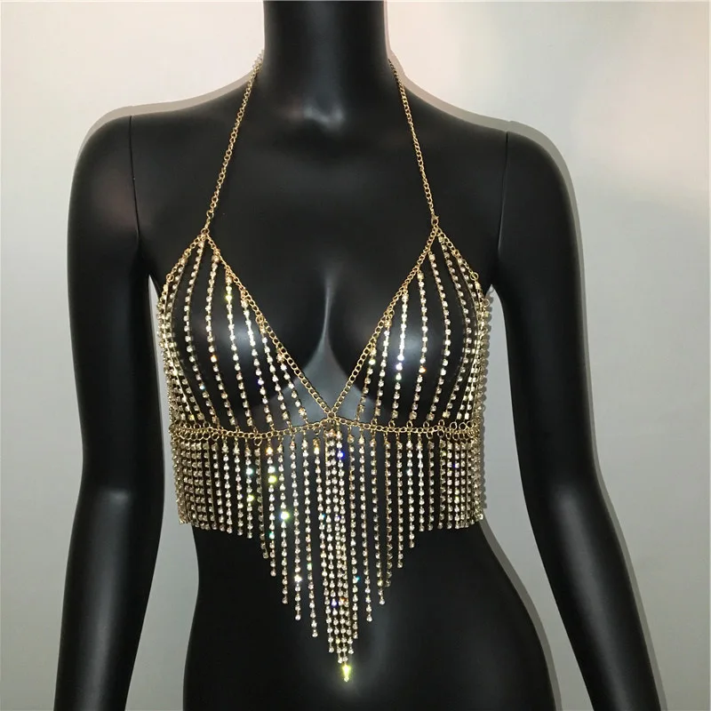 

New Accessory Tassel Bra Sexy Hollow Out Nightclub Party Rhinestone Body Chest Chain