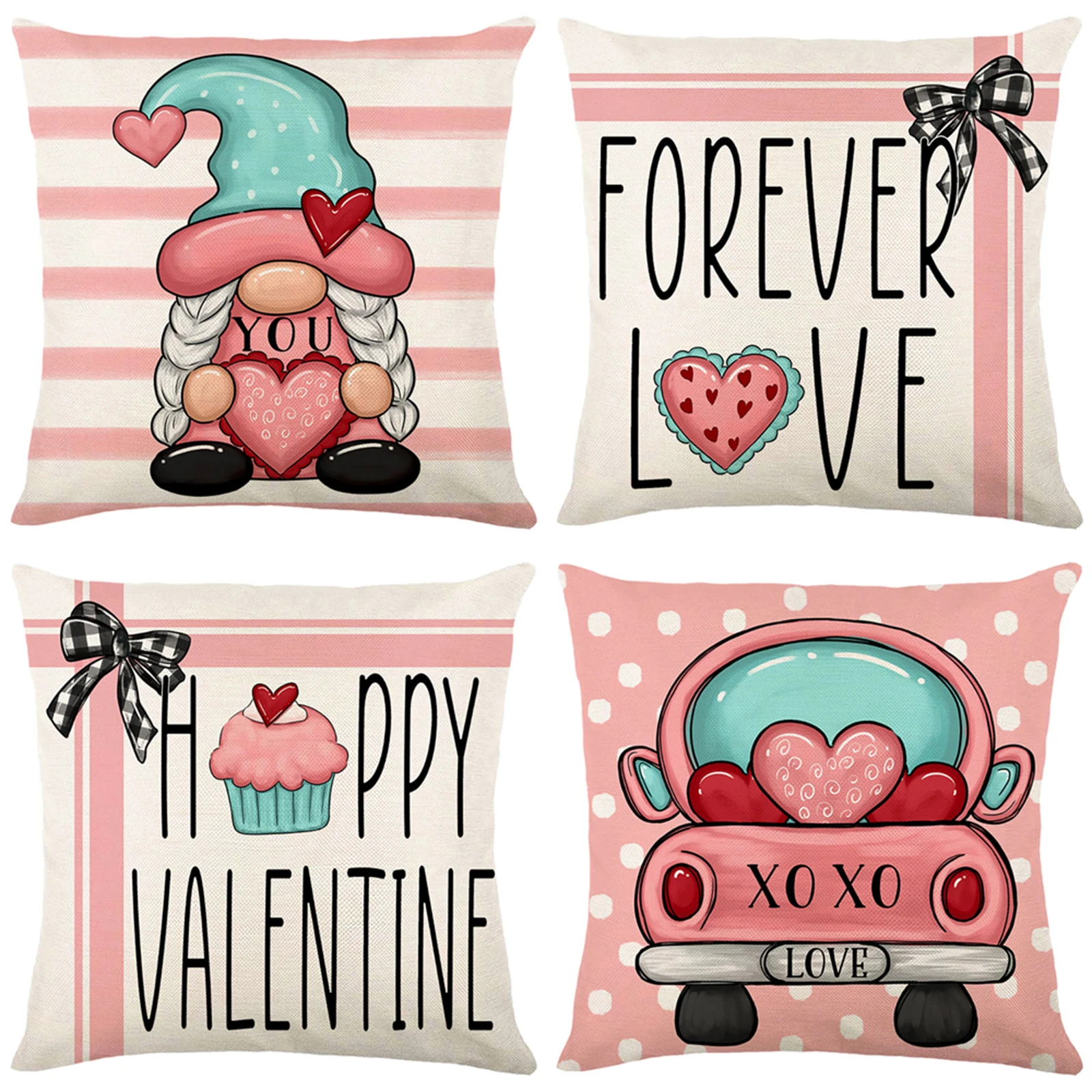 4Pack Valentine\'s Day Decor Pillowcase Soft Linen Square Throw Pillow Covers Bed Sofa Pad Waist Cushion Covers Red Pillow Cases