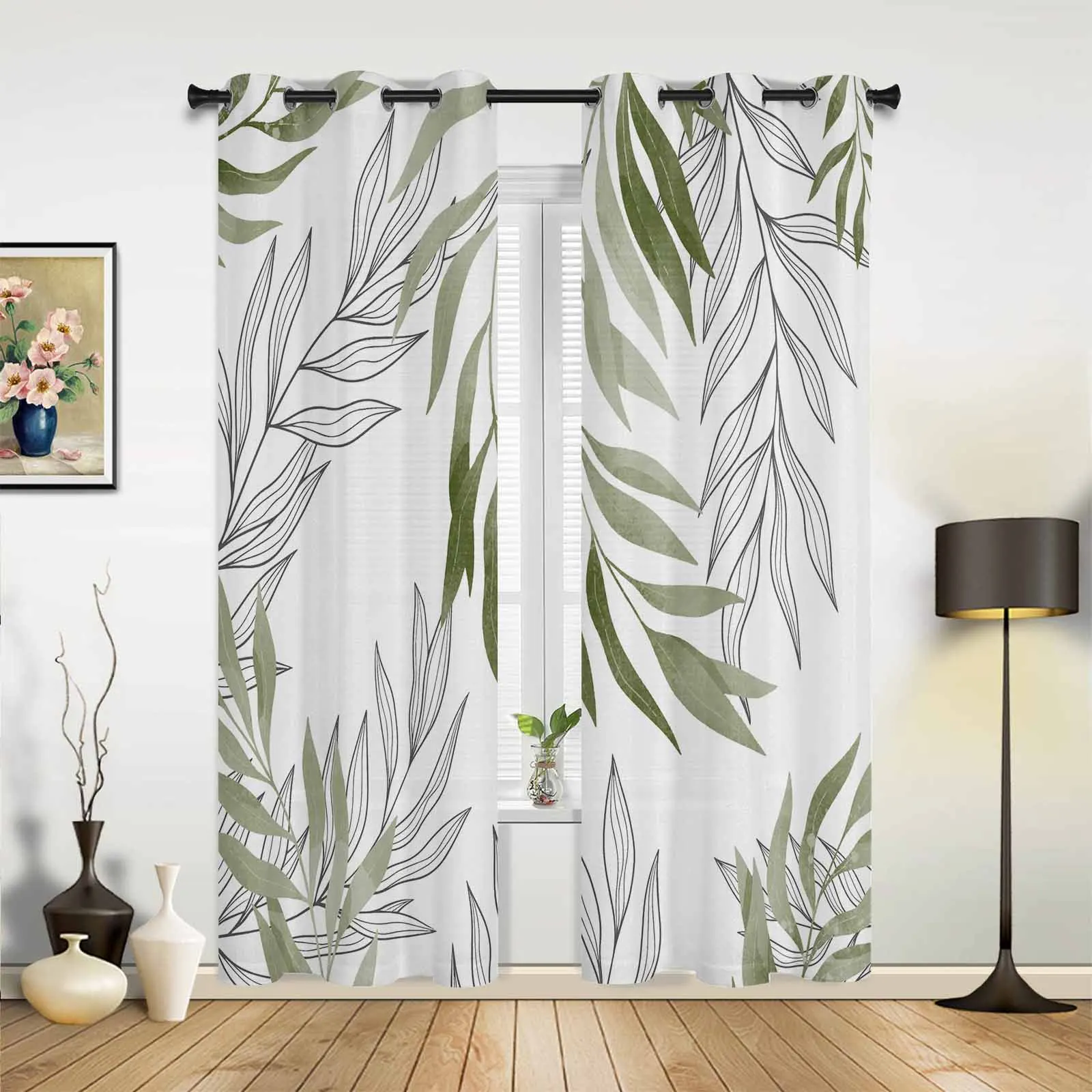 Willow Leaf Line Sage Green Modern Hall Curtains for Living Room Bedroom Window Curtains Panels Drapes