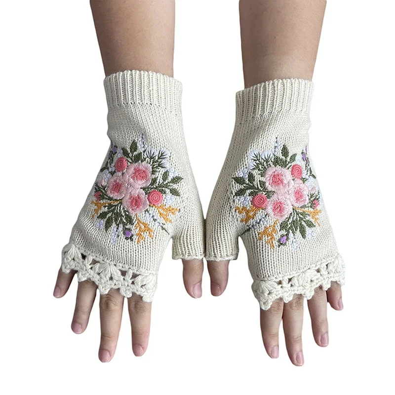 Xingqing Wrist Warmers Crocheted y2k Aesthetic Women Winter Knit Fingerless Gloves with Embroidered Flowers Thumb Hole Mittens