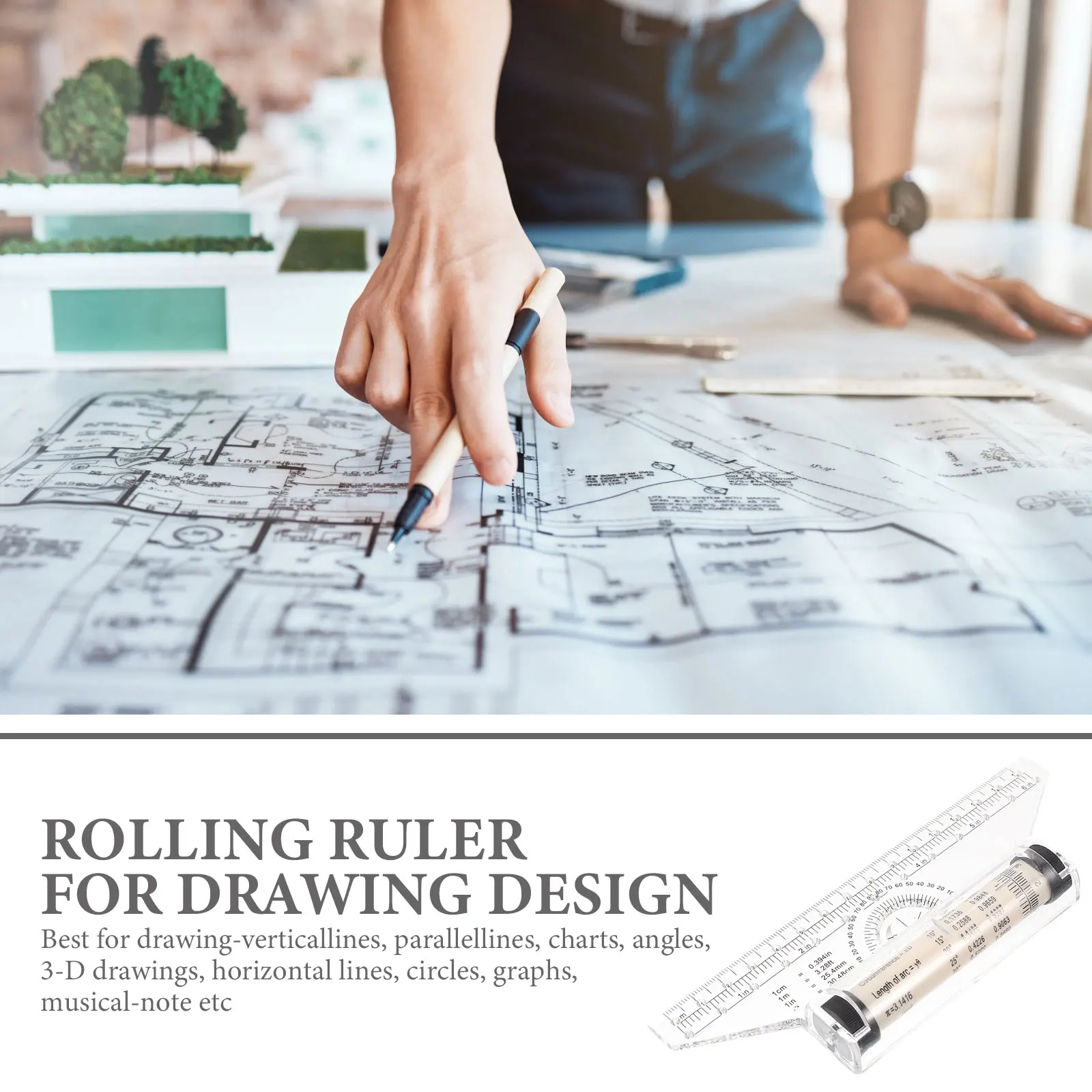 Plastic Drawing Roller Ruler Clear Scale High Accuracy Safe Material Vertical Lines Circles Charts Angles 3D Drawings Graphs