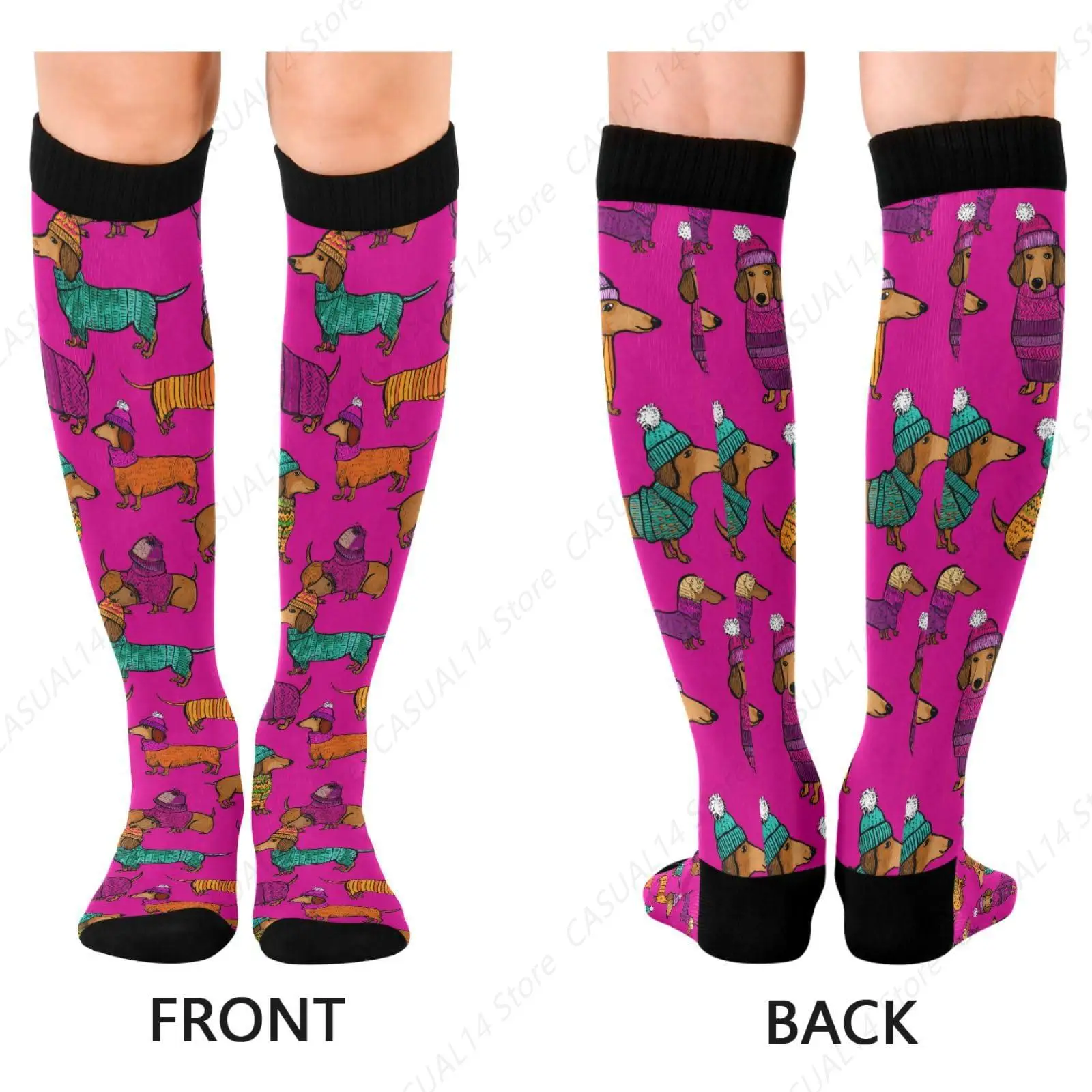 Dachshunds Christmas Pink Compression Socks Wide Calf Knee High Socks for Women Men Support Socks for Nurses