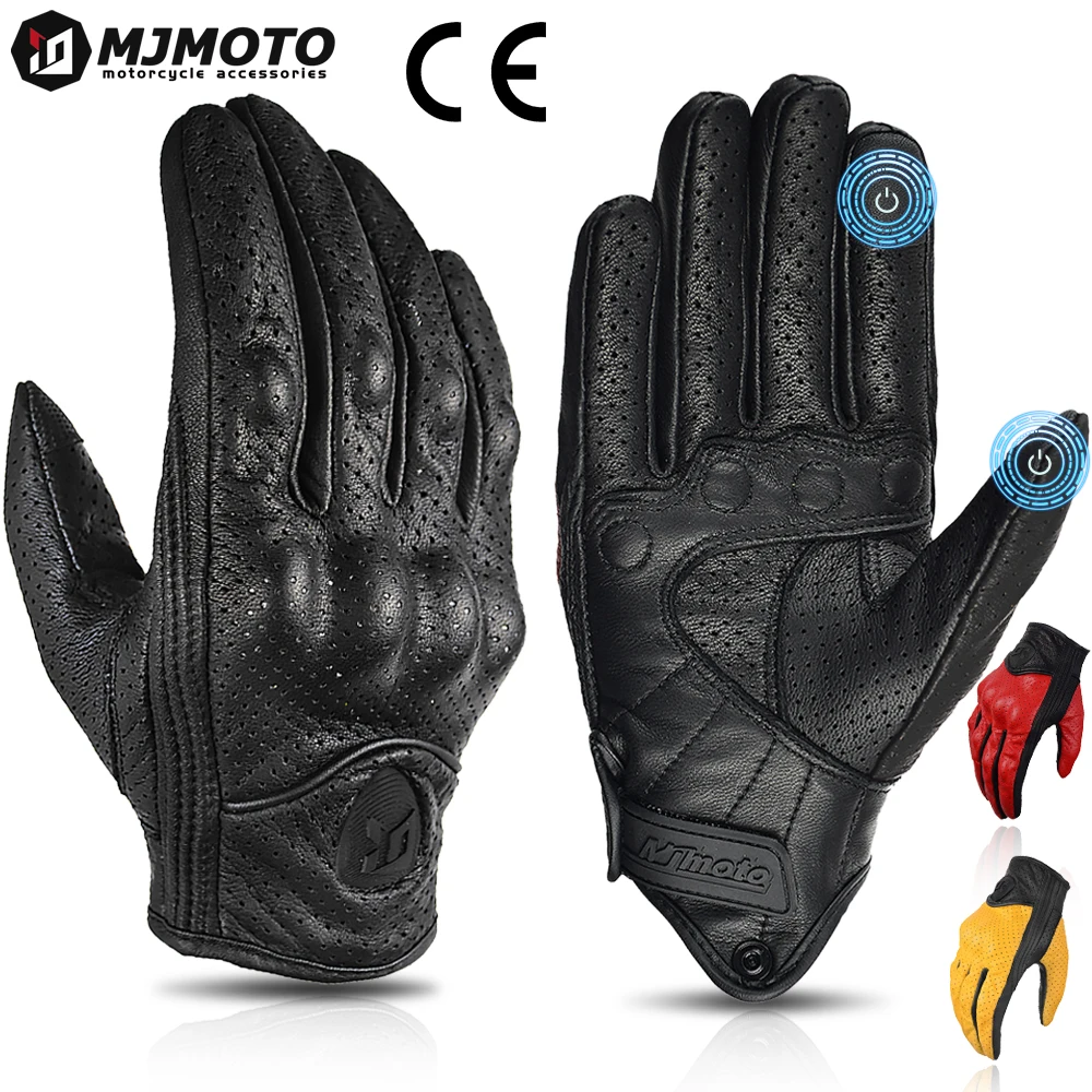 

Retro Vintage Sheepskin Leather Motorcycle Gloves Unisex Summer Breathable Touchscreen Shockproof for Motorbike Motocross Riders