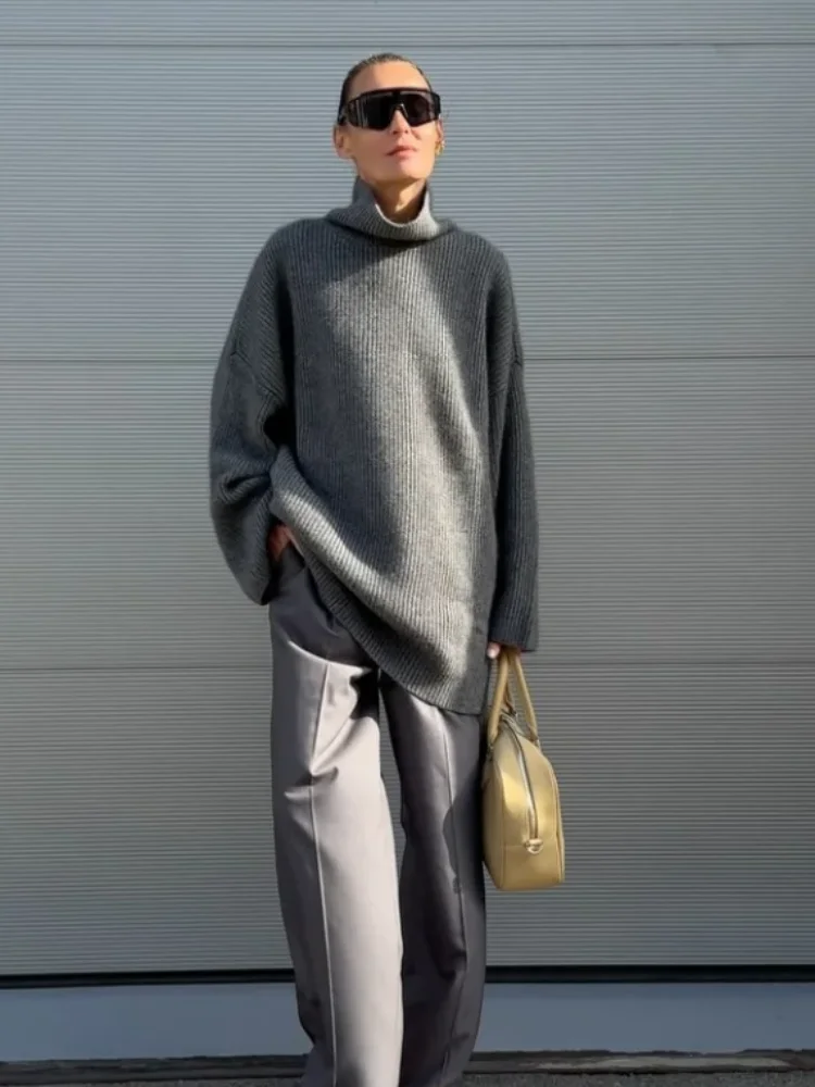 

Chic Women's High Collar Knit Sweater Fashion Long Sleeve Loose Pullover Coat Casual 2025 High Street Daily Lady Commute Sweater