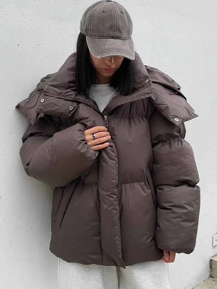 

Winter Brown Hooded Cotton Coat Women's Thicked Stand Collar Full Sleeve Loose Zipper Padded Jacket Lady Casual Street Outerwear