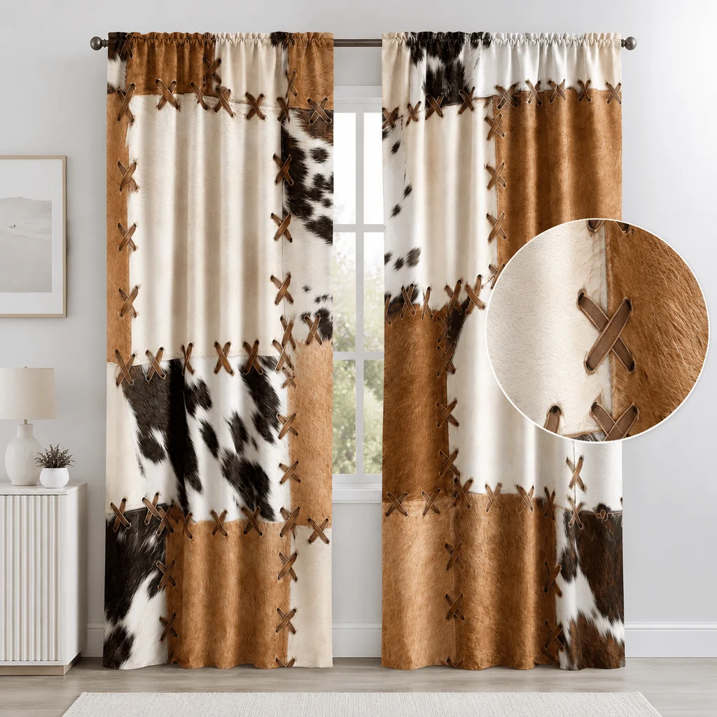 2PCS Digital Print Curtains, Cowhide Patchwork, Western Rustic
