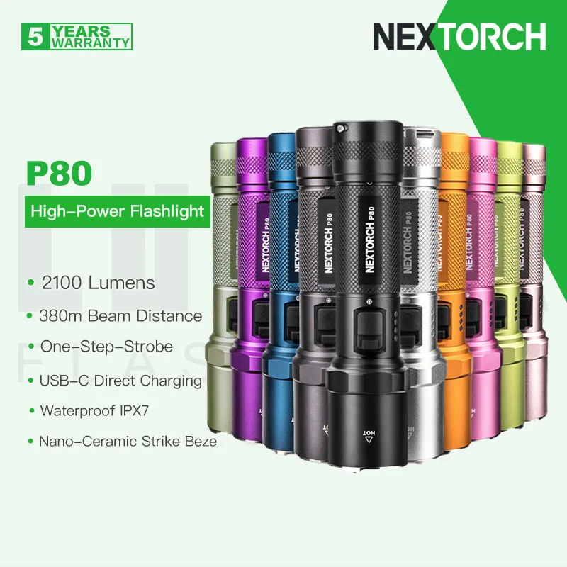 Nextorch P80 Duty/Tactical Flashlight, 2100 Lumens18650 Battery,Type-C Direct Charging，High Lumens，One-Step Strobe