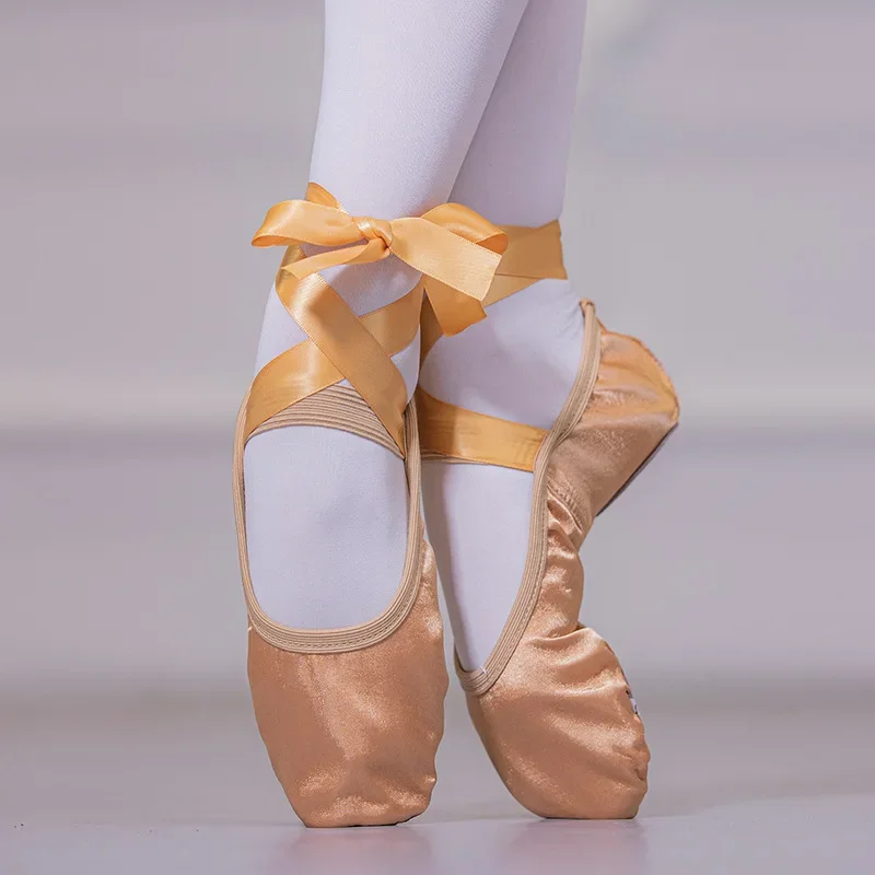 Satijn Ballet Schoenen Met Lint Bandjes Ronde Neus Indoor Yoga Schoenen Volwassen Meisjes Zachte Split Zool Satijn Dans Ballerina Schoenen