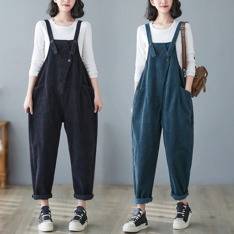 Winter Cotton Warm Corduroy Jumpsuits For Women Casual Streetwear Loose Wide Leg Overalls Big Size Rompers Straps Baggy Pants