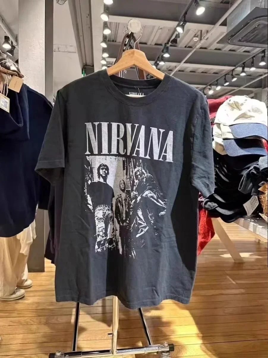 Classic High Quality BM American Vintage NIRVANA Print Band T-shirt Top Bm Short Sleeve Loose Alphabet Print Round Neck Black