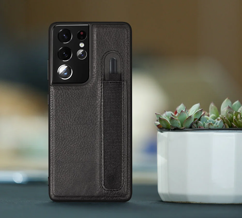 Stylus S-Pen Socket Slot Phone Case For Samsung Galaxy S21 Ultra G9980 G998D G998U Leather Protective Cover with Pocket Holder