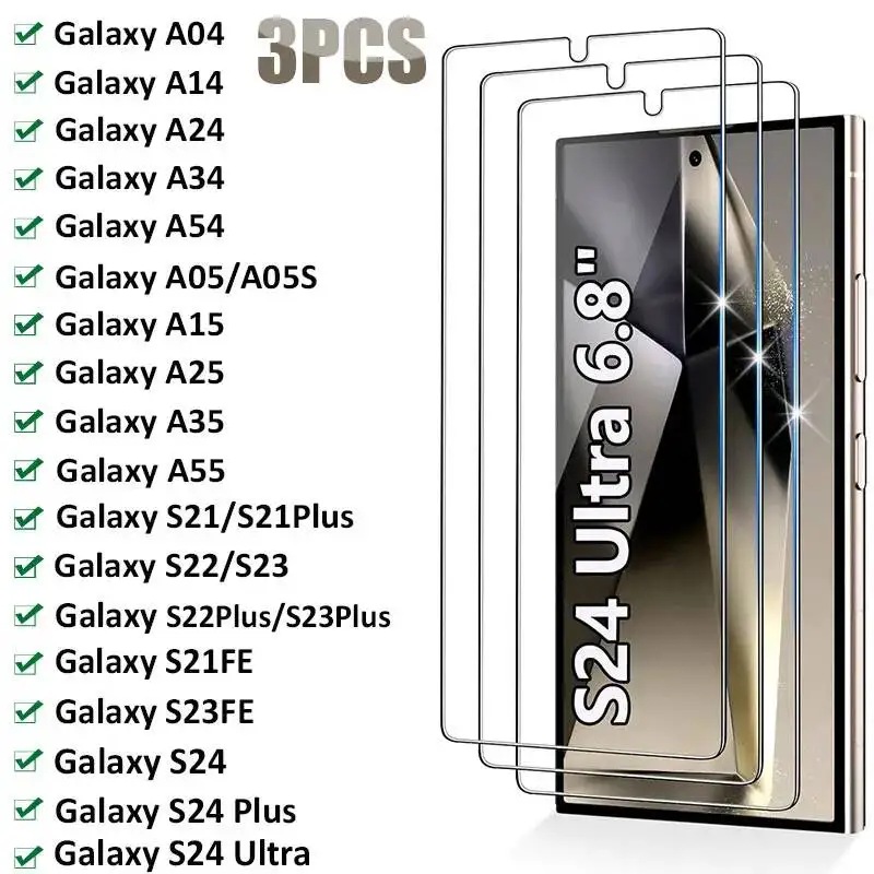 

3PCS Glass Galaxy A14 A04 A34 A54 A05S A15 A25 A35 A55 Screen Protector For Samsung S21FE S22 S23 Plus S24 Ultra
