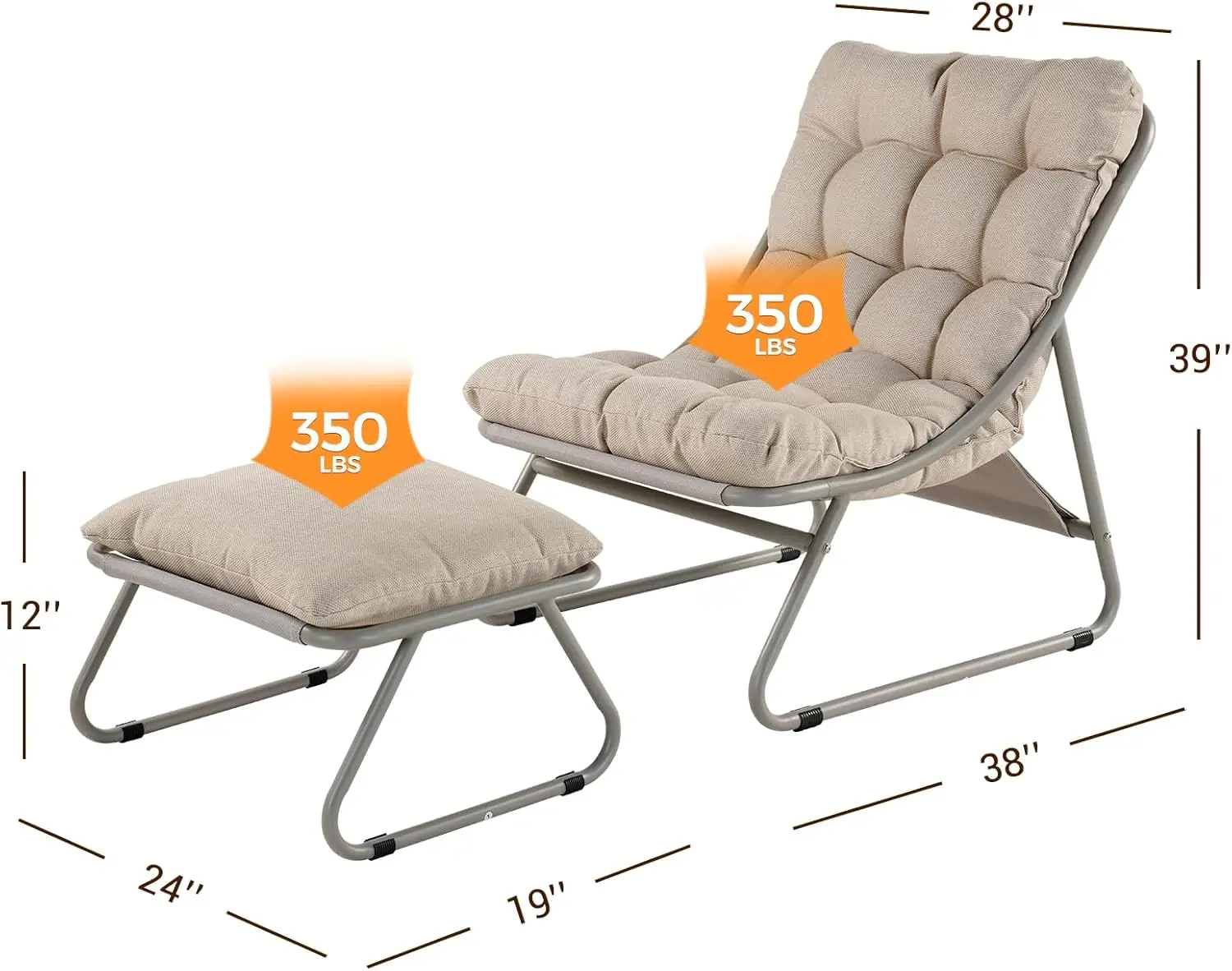 Grand patio Outdoor Lounge Chair with Ottoman Comfy Sling Recliner Chair with Puffy Cushion Samba Modern Patio Furniture Set for