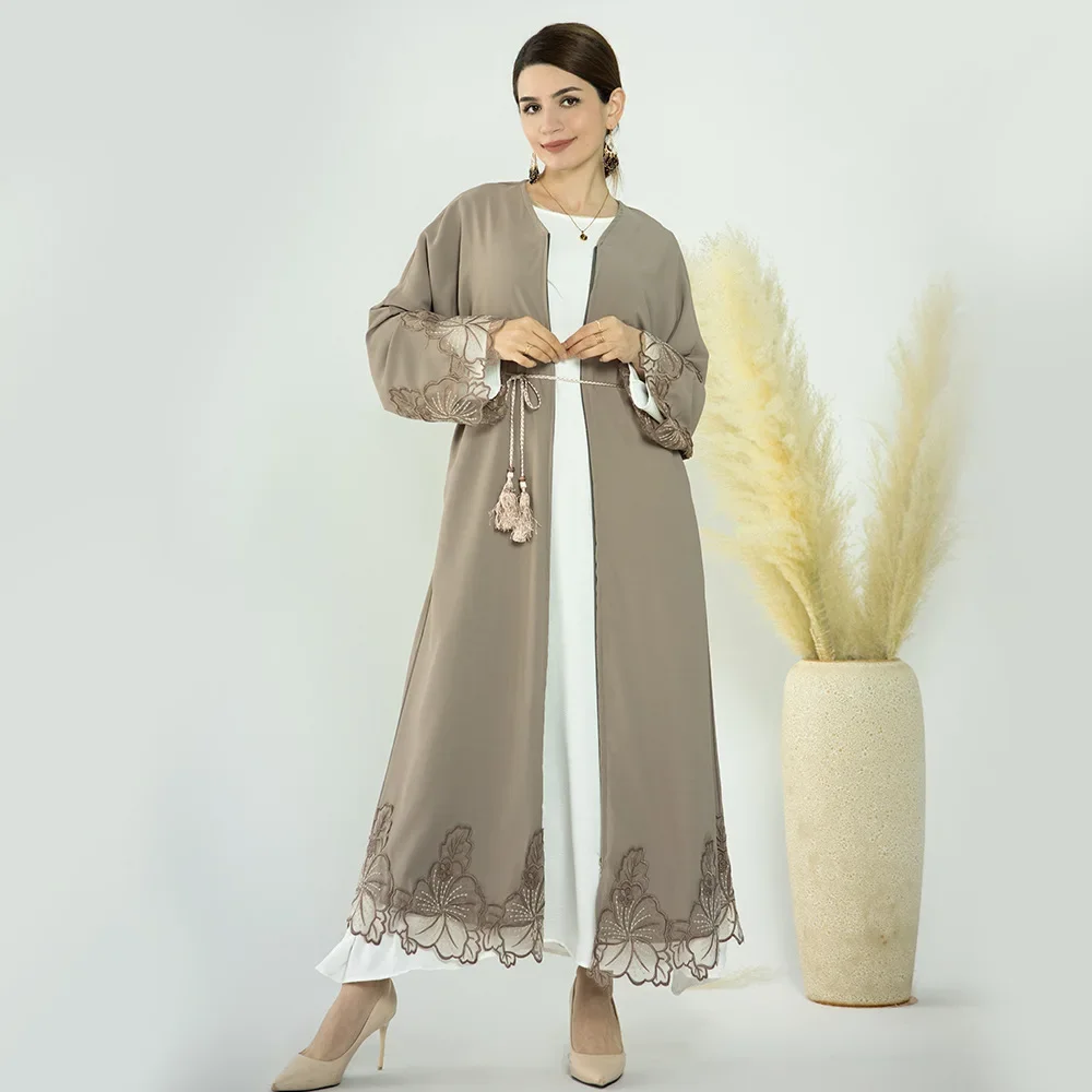 Dubai Kimono Long Sleeve Cardigan Women Open Front Robe Muslim Islamic Lace Abaya Kaftan With Belted Ramadan Dress Turkish Abaya