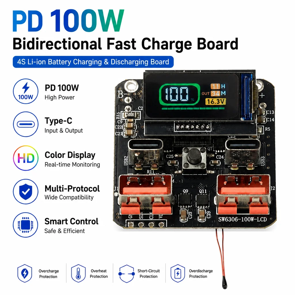 Upgraded 4S 100W PD Bidirectional Lithium Battery Fast Charger Module with HD Color Screen SW6306 Power Bank Mainboard Type-C