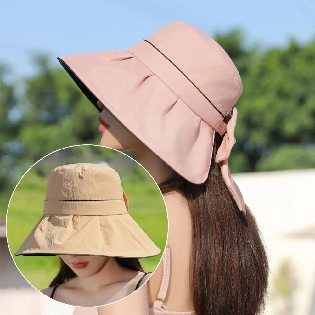 Sombrero de verano de ala ancha para mujer, protección Solar UV para el cuello, sombreros de cubo de playa, gorras de Panamá de viaje plegables, pescador H P0Y3