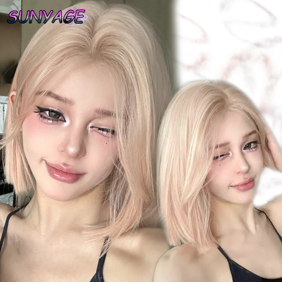 

SUNYAGE Blonde Pink Ombre Synthetic Wigs Short Straight Bob Wigs for Women Middle Part Lolita Cosplay Natural Hair Heat Resistan