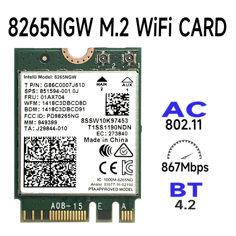 Inalámbrico-AC 8265, banda Dual, 2,4G/5Ghz, Wifi, Bluetooth, Wlan para 8265NGW, NGFF, 802.11ac, 867Mbps, 2x2, MU-MIMO, tarjeta BT 4,2