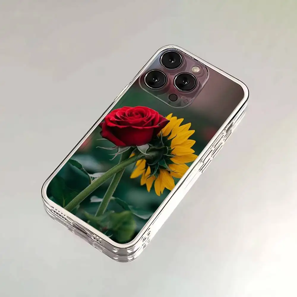 Capa de telefone rosa e girassol para iPhone 17,16,15,14,13,12, Pro, Max, Plus, E, SE4, Air, Mini capa transparente