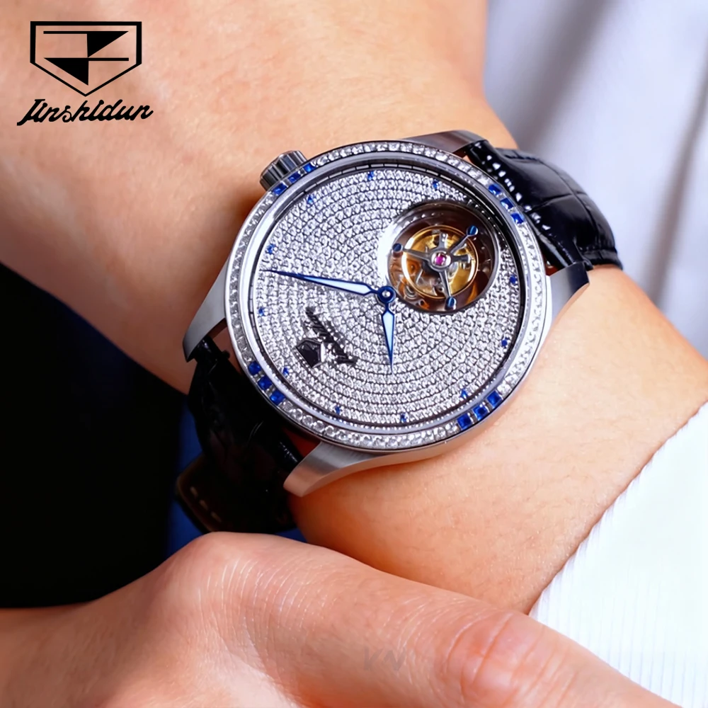 JSDUN Top Brand Men's Watches Luxury Fashion Leather Strap Self-winding Tourbillon Automatic Mechanical Wristwatch Sapphire 832