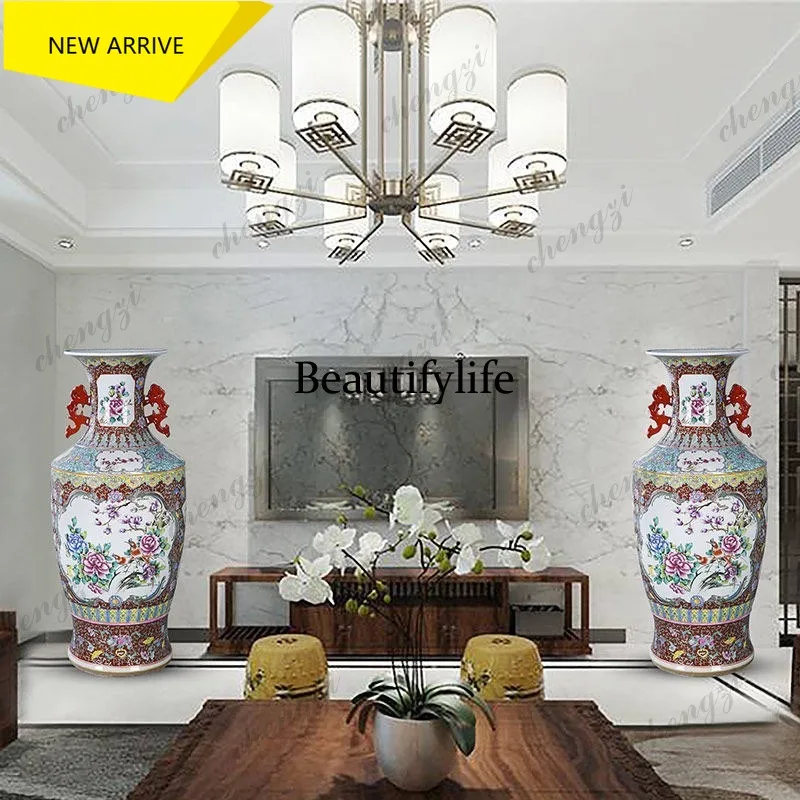 E153 Jingdezhen Ceramics Ancient Pastel Hand-painted Floor-to-Floor Vase Collection Home Ornament