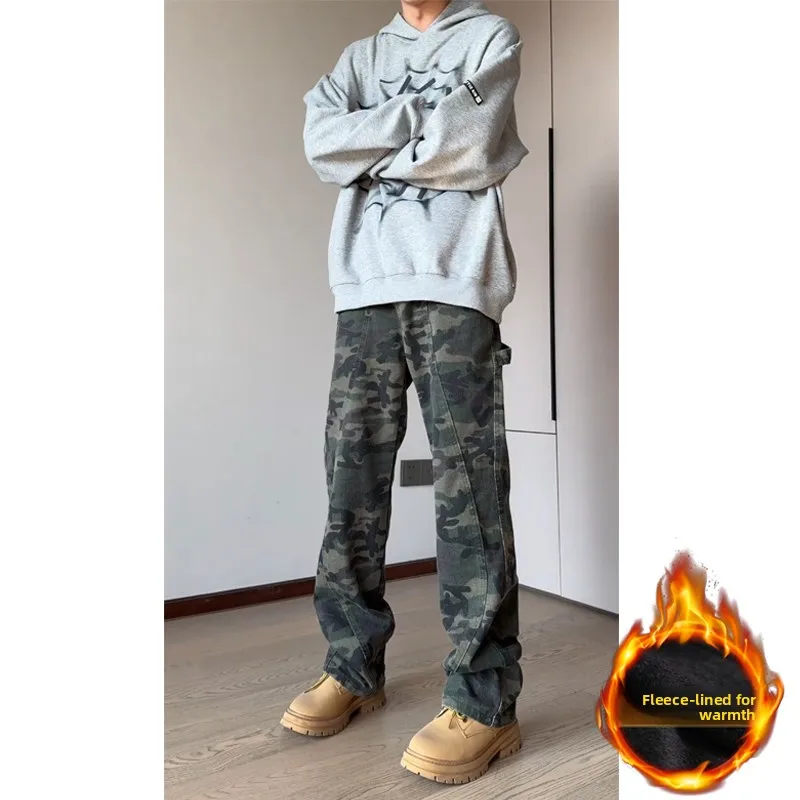 

Утепленные камуфляжные брюки мужские осенние модные флисовые рабочие джинсы Cleanfit прямого кроя с высокой талией на молнии