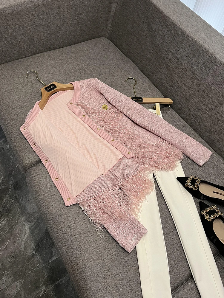 

Heavy Embellied Fringed Open Cardigan round Ne Sweater with Metal Bule Design Ele Ladylike Sle f Skirt JF