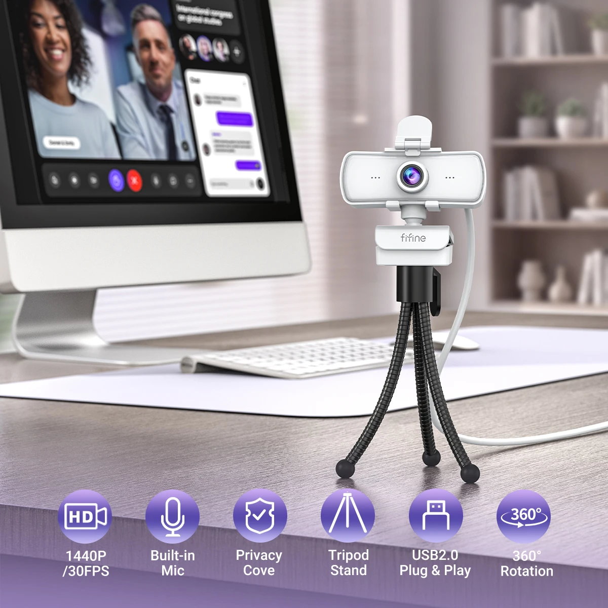 FIFINE 2K USB Webcam with Privacy Cover/Mic,1440P PC Camera with Tripod for Desktop,Laptop for Streaming/Calling/Gaming-K420W