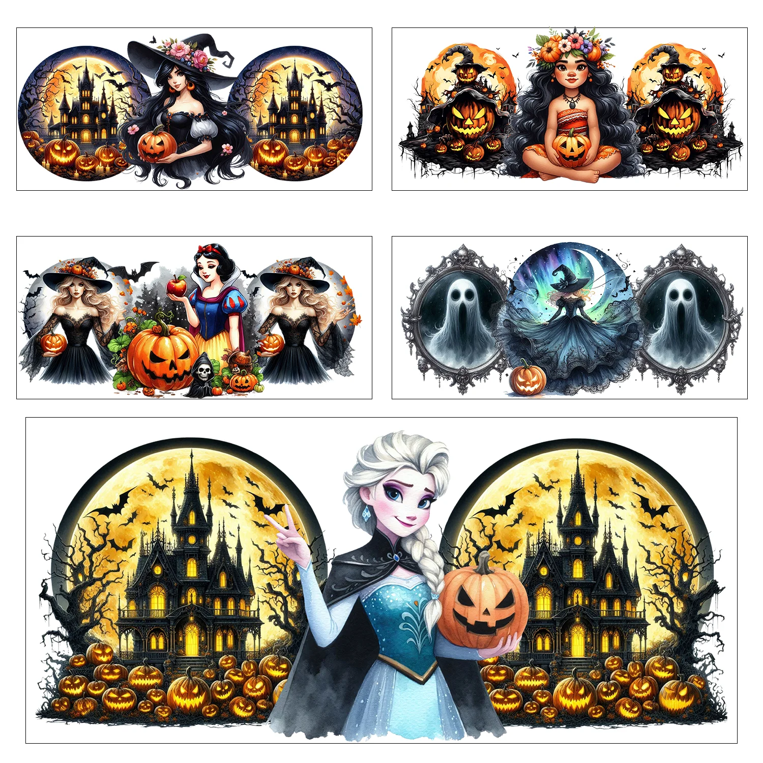 

5 sheets Halloween Princess Series easy peel waterproof DIY Decals 3D transfers uvdtf stickers 16oz uv dtf cup wraps